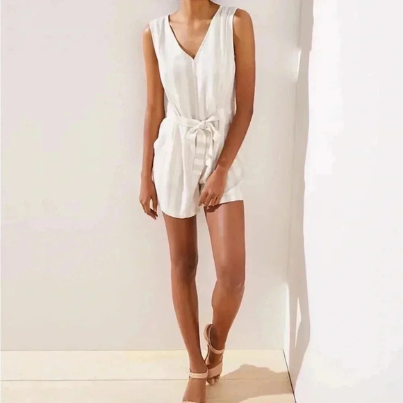 LOFT  Women's Size 14 Cream & Tan Double V Striped Linen Romper With Tie… - Picture 1 of 15
